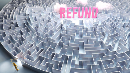 Refund and a difficult path, confusion and frustration in seeking it, hard journey that leads to Refund,3d illustration