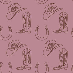 Cowboy western boho vector seamless pattern with cowboy boot and hat, horseshoe