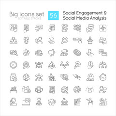 Social media engagement linear icons set. Target audience involvement. Users analysis. Customizable thin line symbols. Isolated vector outline illustrations. Editable stroke. Quicksand-Light font used