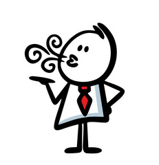 Office man in costume and tie exhales cigarette smoke.