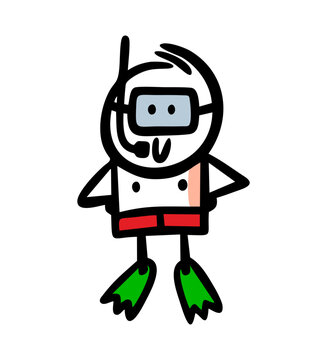 Vector doodle image of cartoon boy diver in swimming mask and flippers.
