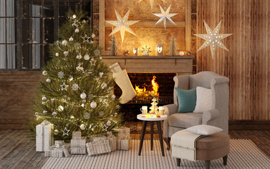 New year tree in scandinavian style interior with christmas decoration. 3D Render	