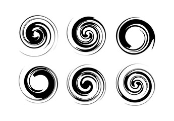 black and white circles, twisted swirl silhouette on white background