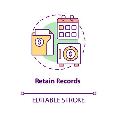 Retain records concept icon. Financial documents storage. Payroll processing step abstract idea thin line illustration. Isolated outline drawing. Editable stroke. Arial, Myriad Pro-Bold fonts used