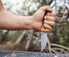 Man, hand and knife in nature forest, sustainability woods and countryside environment for cutting and carving tree bark. Zoom, hiking and camping person with sharp blade, metal weapon or steel tools