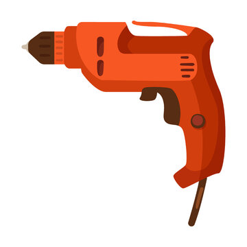 electric drill, Construction instrument, cartoon illustration. Building tools or service. Trowel, hummer, screwdriver, rule isolated on white background