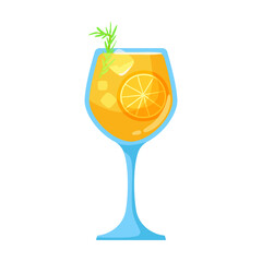 Alcohol orange cocktail with ice, cartoon illustration. Glass of martini or gin with strawberry, orange and lemon. Whiskey, champagne