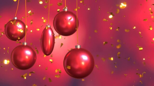 New Year or Christmas celebration video, happy holidays congratulation animation card. Christmas balls with golden confetti falling on background