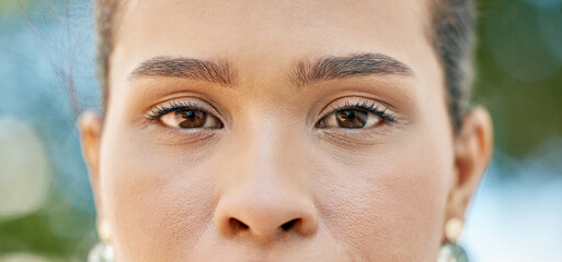 Face portrait, eyes and indian woman outdoor for vision, health and wellness in nature with makeup,...