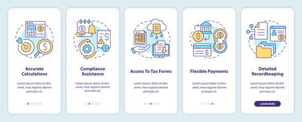 Payroll management software benefits onboarding mobile app screen. Walkthrough 5 steps editable graphic instructions with linear concepts. UI, UX, GUI template. Myriad Pro-Bold, Regular fonts used