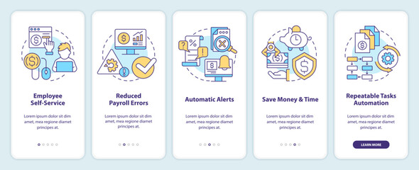 Payroll processing software pros onboarding mobile app screen. Walkthrough 5 steps editable graphic instructions with linear concepts. UI, UX, GUI template. Myriad Pro-Bold, Regular fonts used