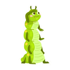 Cute caterpillar on a summer sunny day, cartoon illustration. Funny little green worm with pretty face sleeping, reading book
