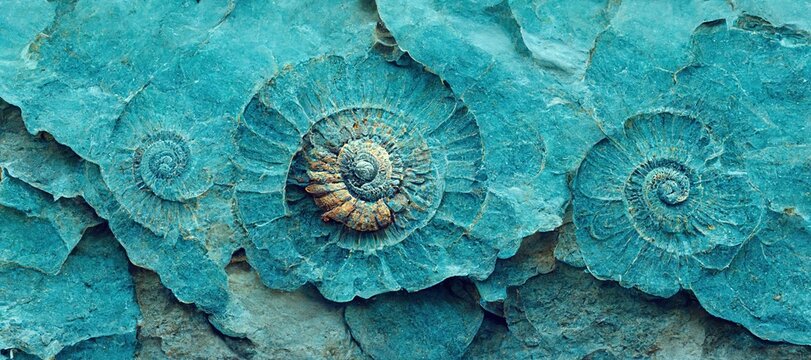 Elaborate and unique calcified aquamarine blue ammonite sea shell spirals embedded into rock. Prehistoric fossilized detailed rough grunge texture and surface patterns.