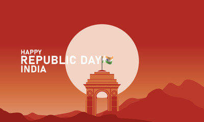 vector for Republic Day celebration, with illustration of mountain scenery and twilight sky clearly visible full moon, wavy Indian flag