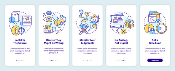 How to read bad news onboarding mobile app screen. Media overload walkthrough 5 steps editable graphic instructions with linear concepts. UI, UX, GUI template. Myriad Pro-Bold, Regular fonts used