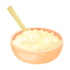 Boiled porridge with wooden spoon. Box of cereal and bowls of oatmeal vector illustration. Oat grains in jar, wooden spoon isolated on white background