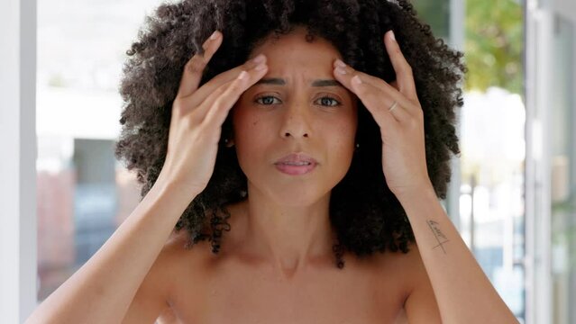 Worry, skincare and black woman face with anxiety about skin wellness, healthcare and aesthetic. Portrait of a woman checking for acne, wrinkles and dermatology problem thinking about botox and prp