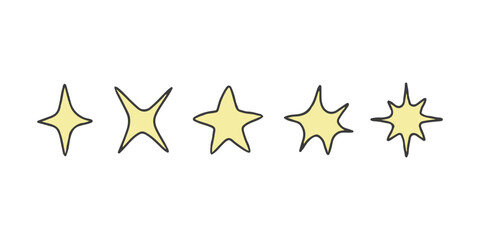 Different star doodle shape, hand draw sketch. Yellow stars set. Vector illustration