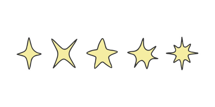 Different star doodle shape, hand draw sketch. Yellow stars set. Vector illustration