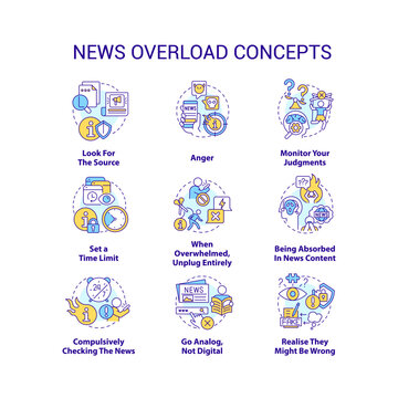 News Overload Concept Icons Set. Media Consumption. Mental Health. Too Much Information Idea Thin Line Color Illustrations. Isolated Symbols. Editable Stroke. Roboto-Medium, Myriad Pro-Bold Fonts Used