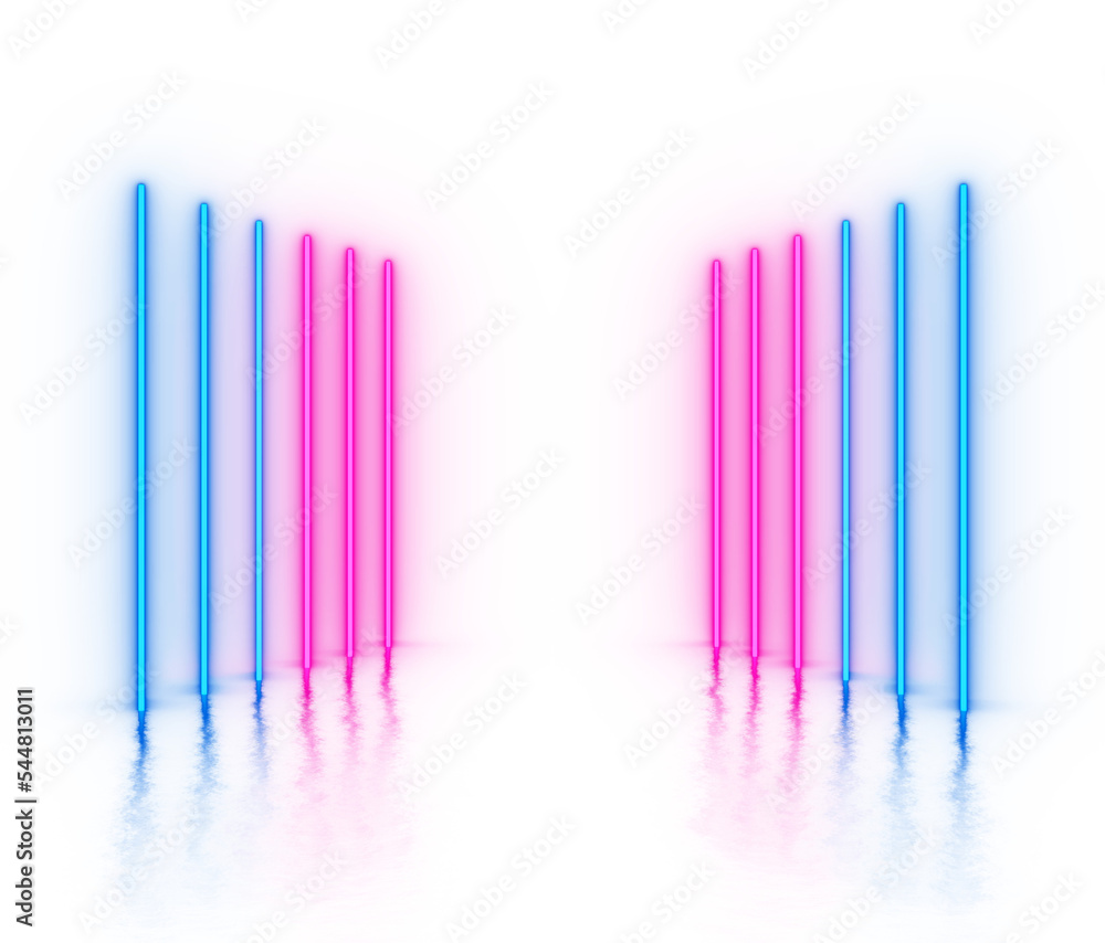 Poster neon light lines on png transparent background with reflection on the floor. neon frame for your des