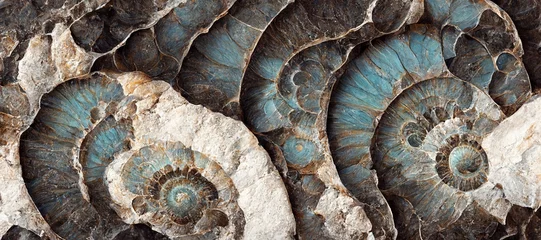 Poster Elaborate and unique calcified aquamarine blue ammonite sea shell spirals embedded into rock. Prehistoric fossilized detailed rough grunge texture and surface patterns. © SoulMyst