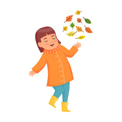 Cute cartoon children throws orange leaves in autumn flat vector illustration. Little kid in warm clothes isolated on white background