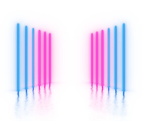 Neon light lines on png transparent background with reflection on the floor. Neon frame for your design.	
