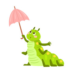 Cute caterpillar hiding from the rain under an umbrella, cartoon illustration. Funny little green worm with pretty face sleeping, reading book