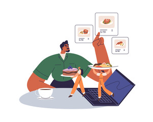Order online food and delivery concept. Man choosing meals, buying dishes through internet at laptop computer at home. Courier delivering. Flat graphic vector illustration isolated on white background