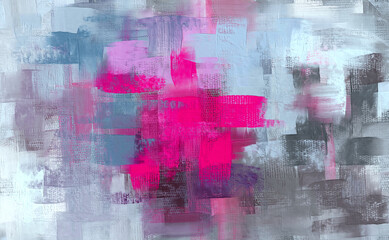 Pink stain painting, abstract paint strokes. Artistic grungy background, hand painted grey blue pattern