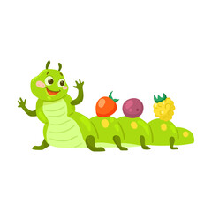 Cute caterpillar plays with delicious berries, cartoon illustration. Funny little green worm with pretty face sleeping, reading book