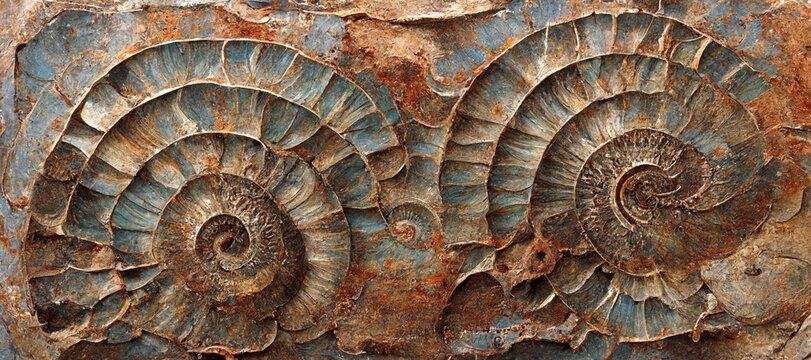 Elaborate and unique calcified aquamarine blue ammonite sea shell spirals embedded into rock. Prehistoric fossilized detailed rough grunge texture and surface patterns.
