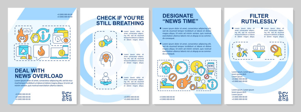 Manage information overload blue brochure template. Protect psyche. Leaflet design with linear icons. Editable 4 vector layouts for presentation, annual reports. Arial, Myriad Pro-Regular fonts used