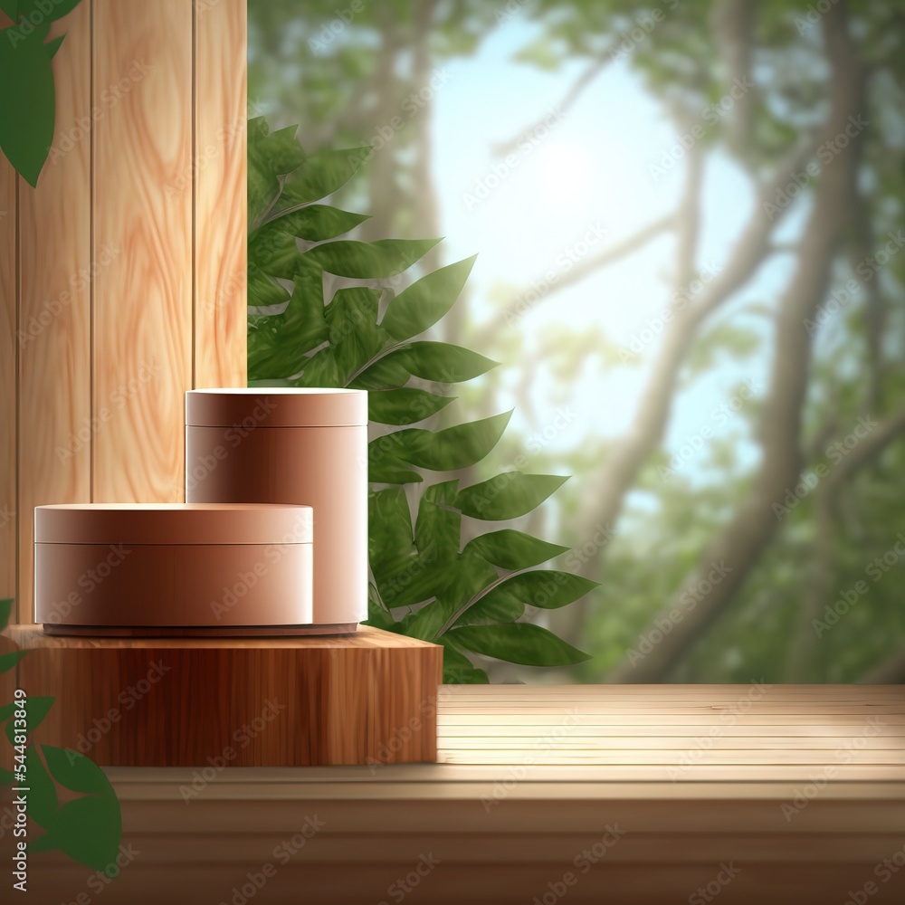 Sticker Wooden podium for product presentation with leaves on a green background with sun rays. 3d illustration