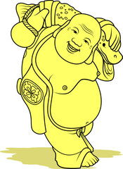 Buddha. Figurine in kimono. The character carries a fish on his shoulders.