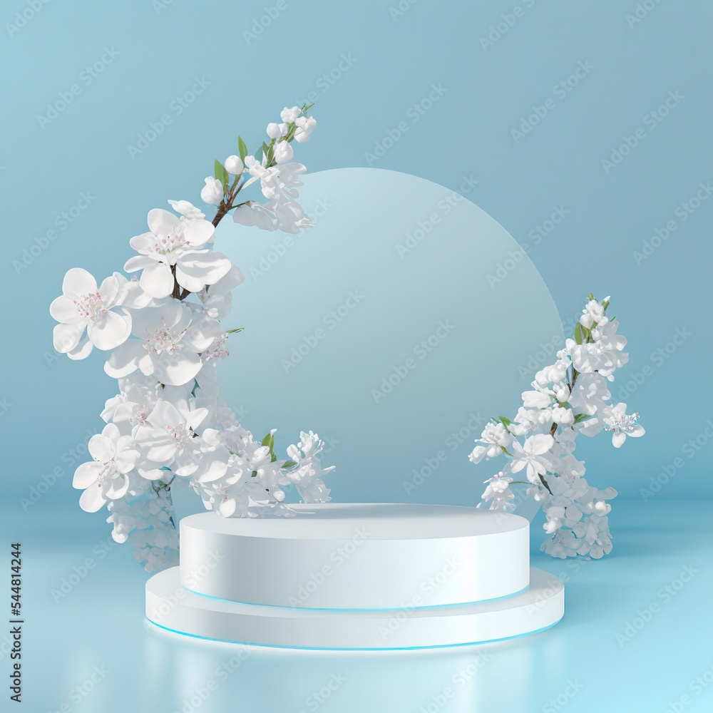 Poster white flowers on a branch on a round white color pedestal and a blue background for product display 