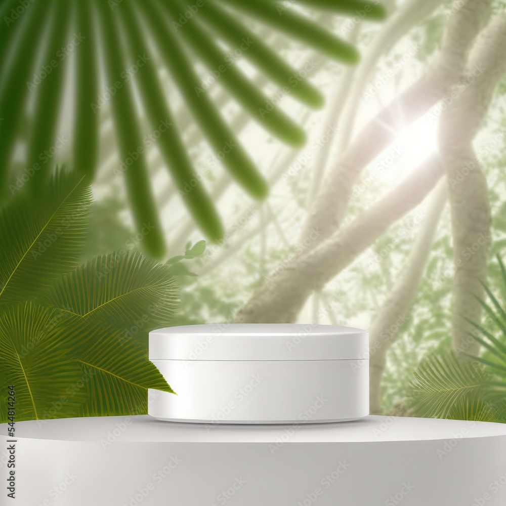 Poster white stand for product display against the background of green trees. 3d illustration
