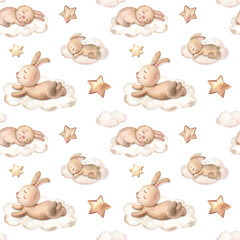 Watercolor Bunny fly on cloud. Cute baby animal. Seamless pattern. Watercolour Illustration