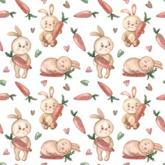 Bunnies with carrot on white background. Watercolor animals for Easter. Seamless pattern