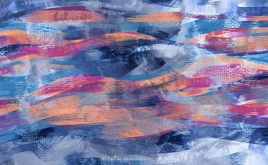 Oil painting, canvas, abstract wave paint strokes. Red, orange and dark blue colored pattern art