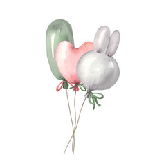 Watercolor Balloons in the shape of a heart and a bunny. Watercolour