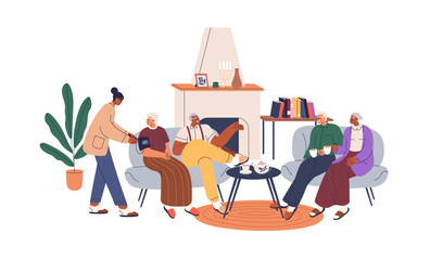 Happy old people relaxing in senior help center, nursing home. Aged elderly men, women resting at tea party in social retirement house. Flat graphic vector illustration isolated on white background