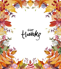 Symmetrical frame of autumn leaves and berries. A template of autumn leaves and berries. Hand painted watercolor illustration. Background for wedding template, greeting card, thanksgiving, wallpaper.