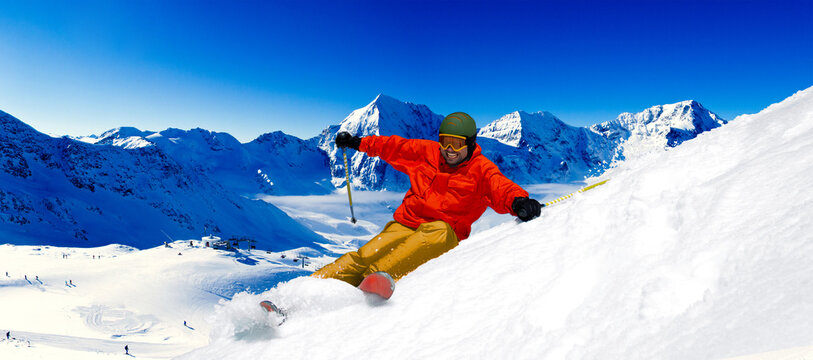 Ski in fresh powder snow in Alps, Sulden Italy