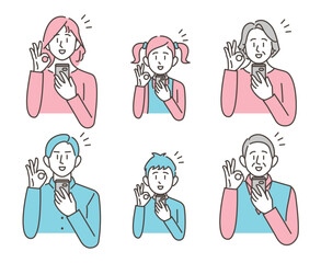 A family looking at  their smartphones smiling and signing OK【Vector illustration】