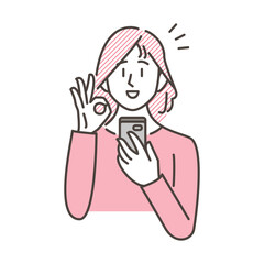 Vector illustration of a young woman smiling and signing OK, happy to see her phone.