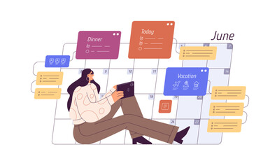 Schedule in calendar planner. Woman setting daily personal and business tasks, reminders. Tiny character and timetable, time organizer. Flat graphic vector illustration isolated on white background