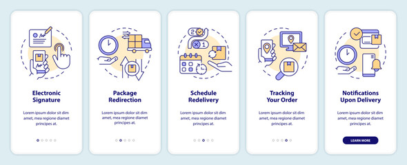 Postal services examples onboarding mobile app screen. Delivery walkthrough 5 steps editable graphic instructions with linear concepts. UI, UX, GUI template. Myriad Pro-Bold, Regular fonts used