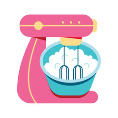 A kitchen mixer whips up the cream. Homemade recipe for cottage cheese or dough. Vector kitchen utensils